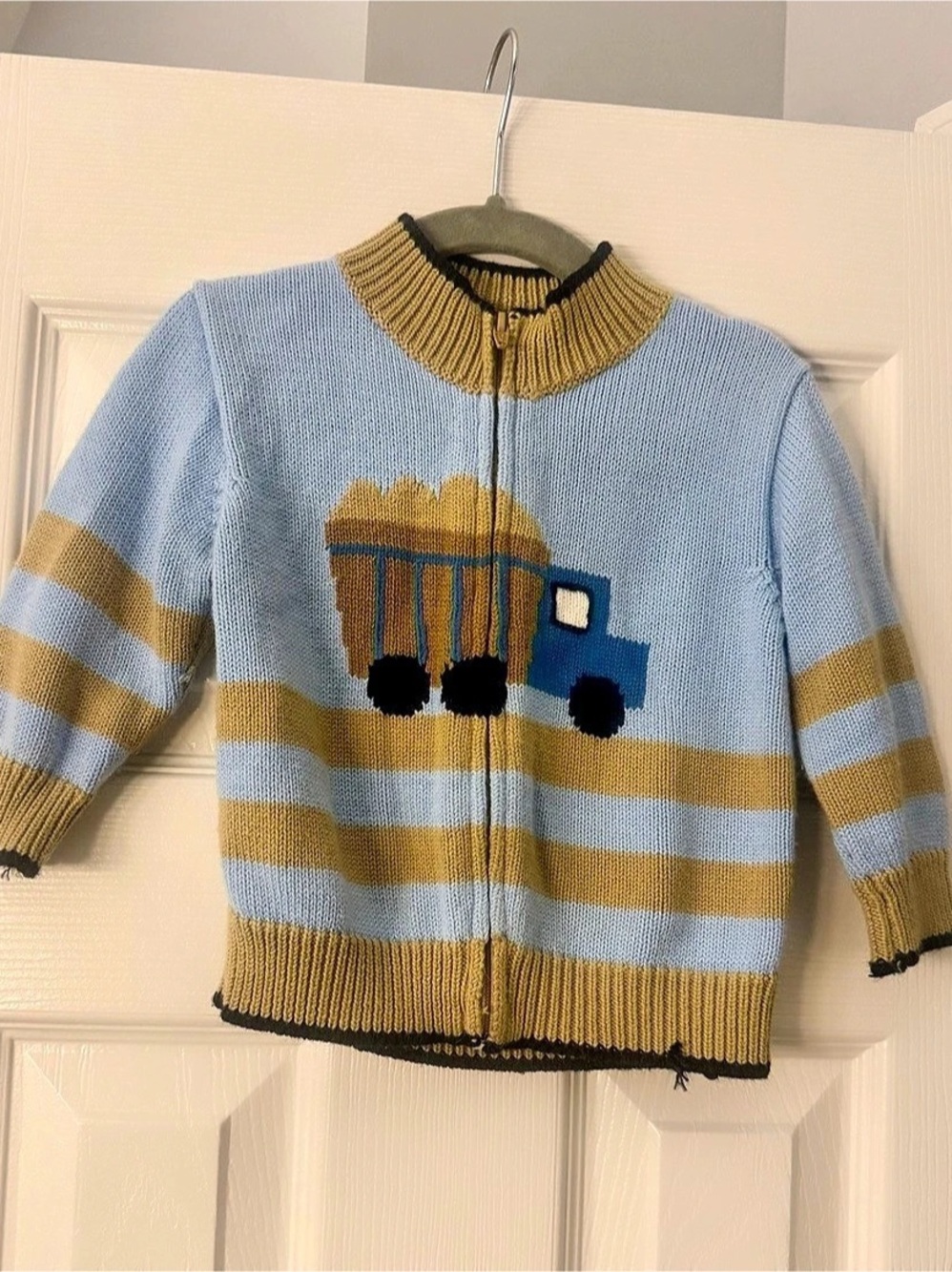 Florence Eiseman Boys 2T Dump Truck Full Zip Knit Sweater Blue Tan